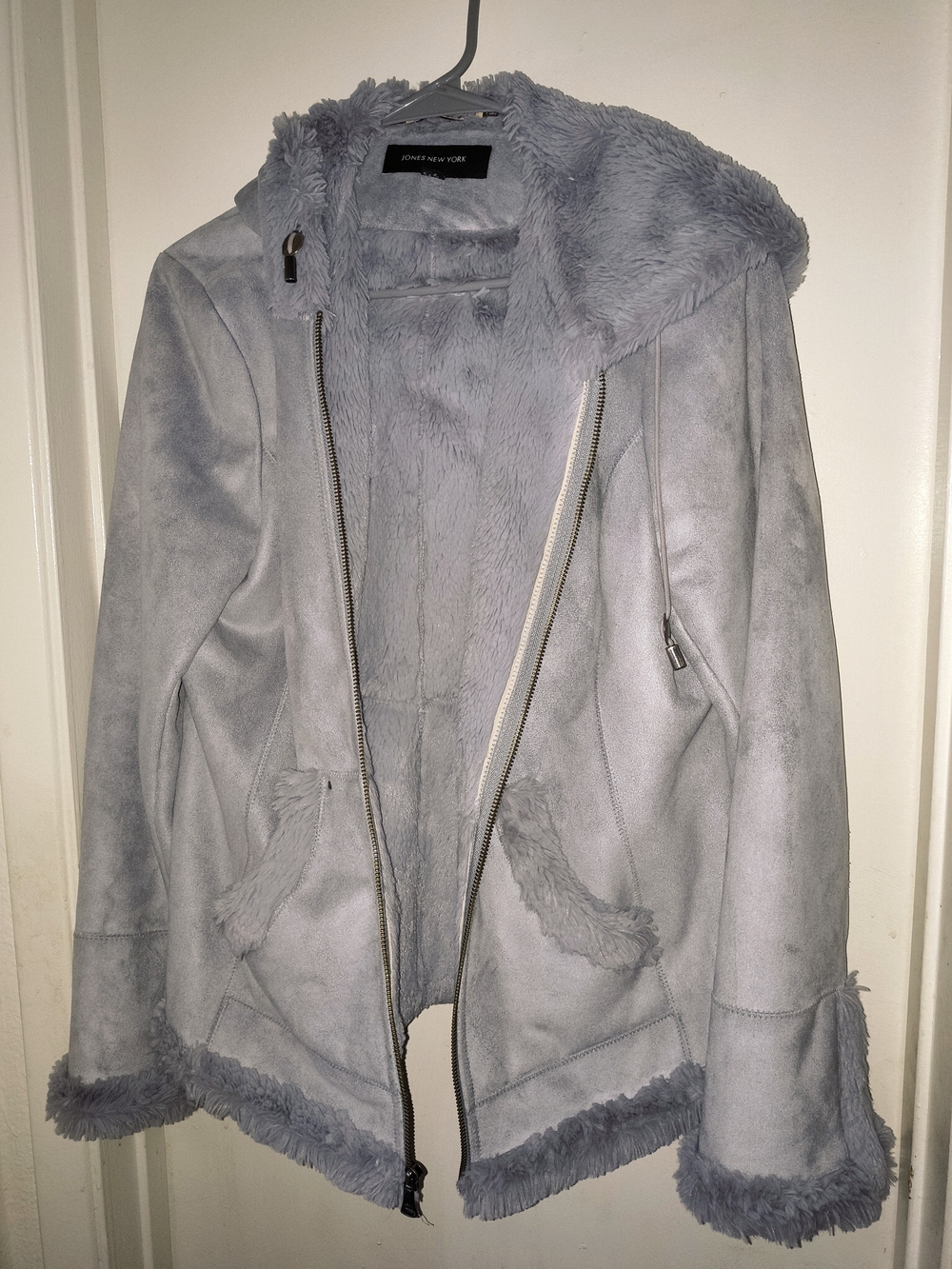 Jones New York Light Gray Faux Shearling Hooded Jacket Size M